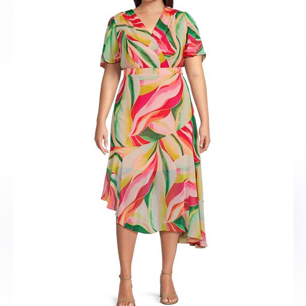Jessica Howard Short Flutter Sleeve V-Neck Asymmetrical Hem Midi Dress, NWT